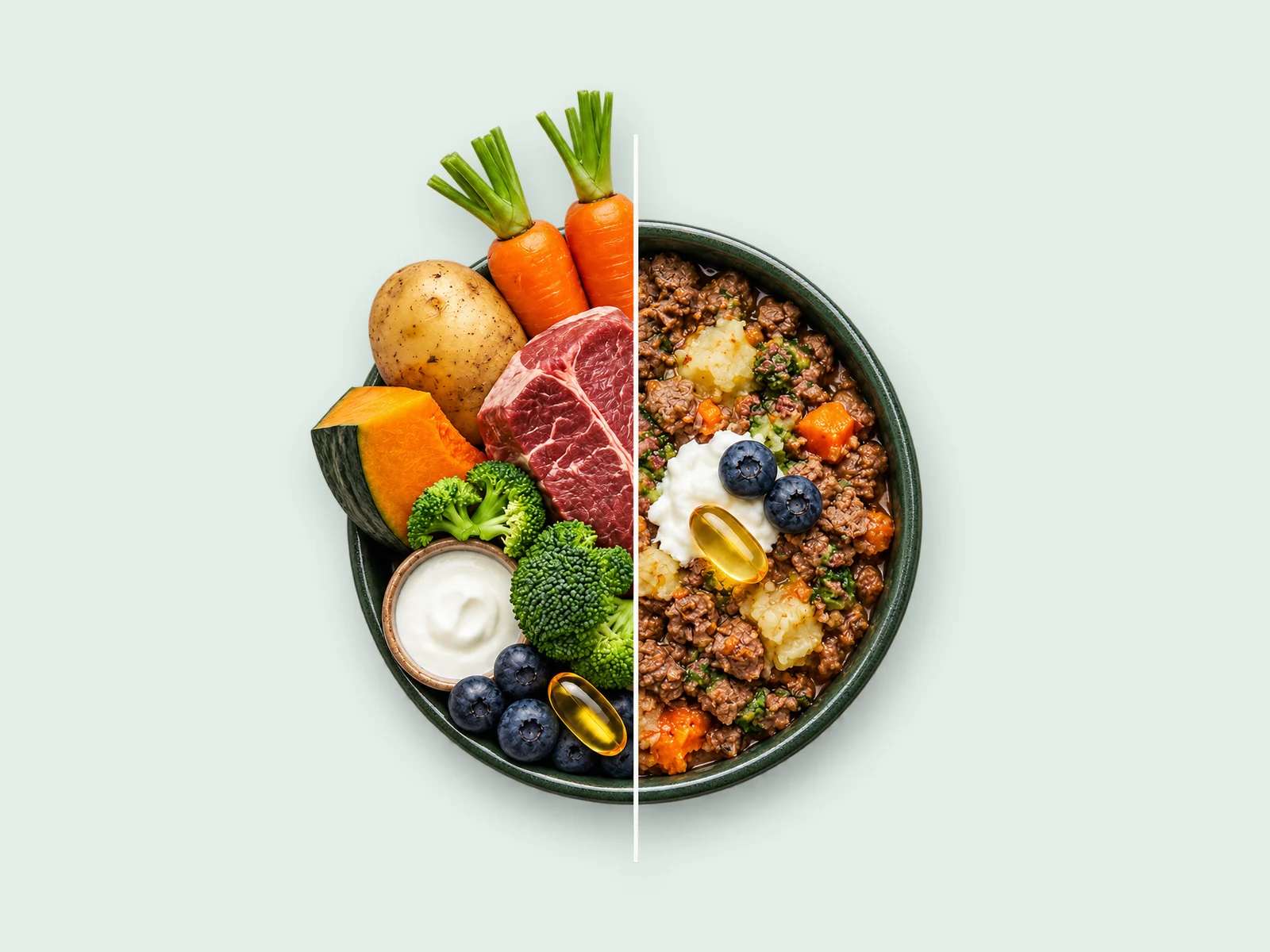 Plato de alimentación natural: ingredientes frescos y comida preparada