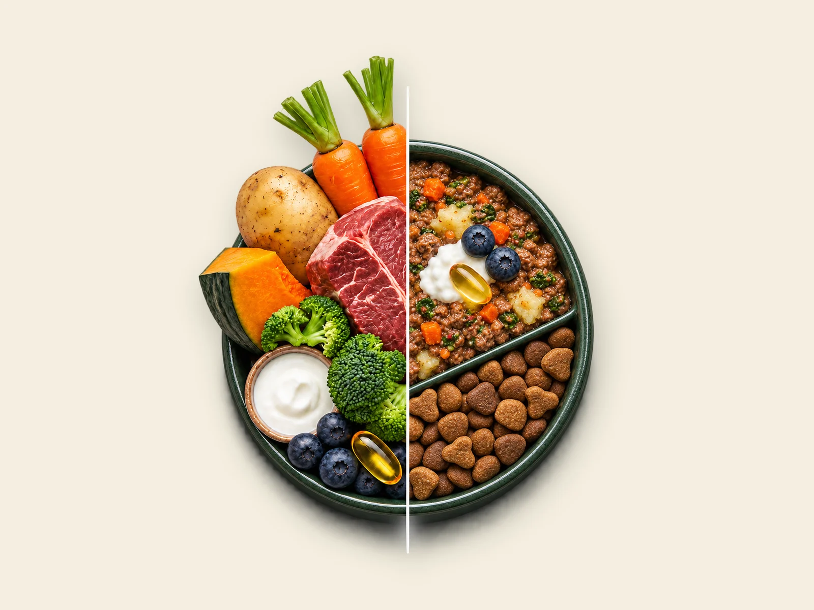 Plato de alimentación mixta: comida natural combinada con concentrado